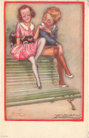 ILLUSTRATEUR SIGNE - Achille Mauzan - Deux Enfants Assis Sur Le Dos D'un Banc Vert - Carte Postale Ancienne - Mauzan, L.A.