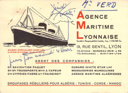 Carte Visite Commerciale Agence Maritime Lyonnaise Expostations Maritimes Algérie-Tunisie-Corse Rue Gentil à Lyon - Visiting Cards