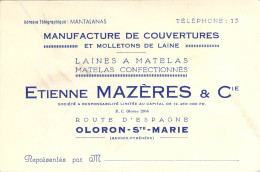 Carte Visite Commerciale Manufacture De Couvertures Et Molletons De Laine Etienne Mazères à Oloron Ste Marie Pyrénées - Visitenkarten