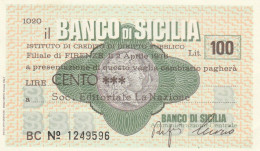 MINIASSEGNO BANCO SICILIA L.100 LA NAZIONE FDS (RY5616 - [10] Assegni E Miniassegni