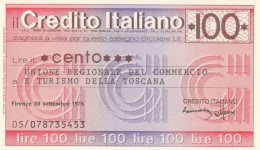 MINIASSEGNO CREDITO ITALIANO L.100 UN  COMM TURISMO FDS (RY5585 - [10] Cheques En Mini-cheques