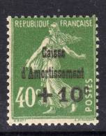 France N° 253  XX Gomme D'origine  Au Profit De La Caisse D'Amortissement (III ) : Type Semeuse +10 Sur 40 C. Vert  TB - 1927-31 Caisse D'Amortissement