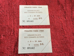 2 Tickets Entrée Entry-Philatec Paris 1964 France Erinnophilie Exposition Philatélique Grand Palais Des Champs Elysées - Exposiciones Filatelicas