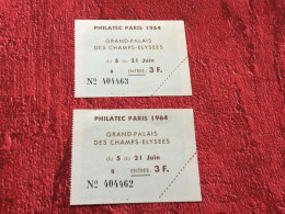 2 Tickets Entrée Entry-Philatec Paris 1964 France Erinnophilie Exposition Philatélique Grand Palais Des Champs Elysées - Philatelic Fairs