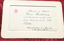 Villemomble Mai 1908 Carte De Visite Luxe Faire Part De Naissance Baptême-Gaston Barthelemy-rue Rodet-Cartes De Visite - Geburt & Taufe