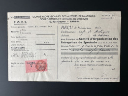 1944 Comité Auteurs éditeurs Musique Carte Membre Timbre Fiscal Revenue Stamp Musik Music Paris La Baule Jean Sourisse - Musik