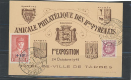 FRANCE -  65  - TARBES -EXPO PHILATÉLIQUE N°494 +N°505 / CP COMMÉMORATIVE -24-OCT-1943 - ....-1949