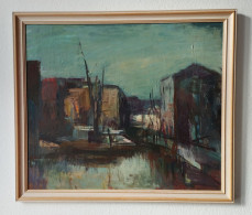 Gerd Pötzschig „Häuser Am Kanal“, Öl Auf Hartfaser, Ölgemälde 1990, Zeitgenössische Kunst, Leipzig - Arte Contemporáneo