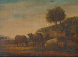 ART  TABLEAU ANCIEN A L' HUILE DE  FRANCOIS FANUEL   ( BELGE)  PAYSAGE AUX MOUTONS.       1904. - Oleo