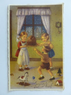 ENFANTS - Fillette En Tablier De Cuisine Avec Plat , Garçon En Short - Jouet Cheval à Roulettes - Carte Noel - Cartes Humoristiques