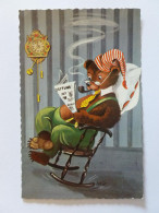 OURS / OURSON En Salopette Dans Une Chaise A Bascule , Fume La Pipe - Horloge  - Illustration / Illustrateur - Ours