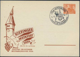 GERMANY(1954) Grapes. Tower. Man Blowing Horn. Illustrated Postal Card With Kitzinger Weinfest Special Cancel. - Cartes Postales Illustrées - Oblitérées