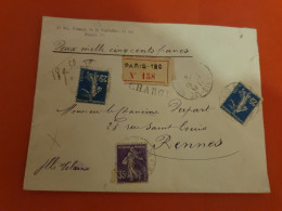 Enveloppe En Chargé De Paris Pour Rennes En 1915 - D 392 - 1877-1920: Période Semi Moderne