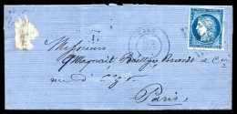 N°23, 25c Bleu Obl GC 691 + Càd De CAEN Sur Lettre Non Taxée De 1873 Pour PARIS, Exceptionnelle Utilisation D'un Timbre  - Sage