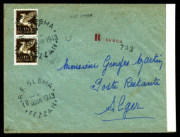 N°3, 50c Sur 50c Sépia, Paire Oblitérée Sur Lettre Recommandée De Sebha Pour Alger Avec Cachet De Censure. SUPERBE. R.R. - Covers & Documents