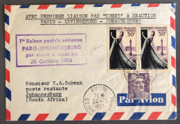 France, Prenier Vol Paris / Johannesburg 26.10.1953 Sur Enveloppe - (W1210) - Primi Voli