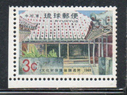 RYUKYU ISLANDS US POSSESSIONS IN JAPAN 1969PROTECTION OF NATIONAL CULTURAL TREASURES NAKAMURA-KE FARM HOUSE BUILT 3c MNH - Riukiu-eilanden