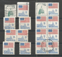 USA 1975 Americana C.9+c.13 Perf.11 Cpl Booklet Issue . Booklet Pane Used 1980 + Pair + L/R On 2/3 Sides Incl. Upper Pcs - Bandes & Multiples