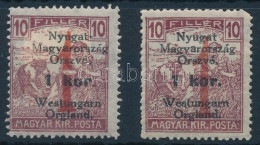 * Nyugat-Magyarország VI. 1921 1K/10f Törött 1-es Tévnyomattal, Bodor Vizsgálójellel + Támpéldány - Other & Unclassified