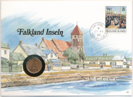 Falkland-szigetek 1987. 1p Bronz "II. Erzsébet" Emlékérme Felbélyegzett Borítékban, Bélyegzéssel, Német Nyelvű Tájékozta - Non Classés