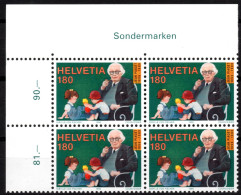 SCHWEIZ ABARTEN, 1996 180 Rp. Jean Piaget, Fleck Auf Dem Kittel, Eckrand-Viererblock Postfrisch ** - Varietà