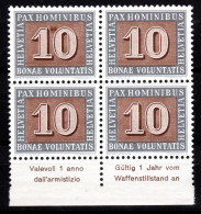 SCHWEIZ ABARTEN, 1945 10 Rp. PAX, Grosser Fleck In 10, Rand-Viererblock Postfrisch ** - Variétés