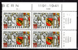 SCHWEIZ ABARTEN, 1941 10 Rp. 750 Jahre Stadt Bern, "Spinne" Auf Hammer, Eckrand-Viererblock Postfrisch ** - Varietà