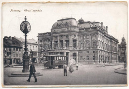 T3 1918 Pozsony, Pressburg, Bratislava; Városi Színház, Villamos, óra, Bohr Ernő üzlete / Theatre, Tram, Clock, Shop (ko - Non Classés