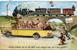 T2/T3 1939 Zum Bahnhof - Lustig Fahren Wir In Die Welt Und Steigen Aus, Wo's Uns Gefällt! / Autóbuszos és Vonatos Kiránd - Ohne Zuordnung