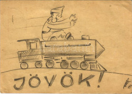 T2/T3 1942 Jövök! Második Világháborús Magyar Katonai Kézzel Rajzolt Levelezőlap / WWII Hungarian Military Hand-drawn Po - Non Classés