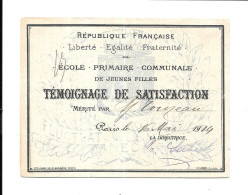 KB2106 - TEMOIGNAGE DE SATISFACTION - ECOLE PRIMAIRE COMMUNALE VILLE DE PARIS 1914 - TOINEAU - Diplômes & Bulletins Scolaires