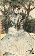 T2/T3 1914 Hölgy Könyvvel - Kézzel Rajzolt Képeslap / Lady With Book - Hand-drawn (EK) - Sin Clasificación