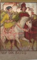 ** T4 Medieval Lady With King, Horses, Castle Litho S: J. Weber (non PC) (cut) - Unclassified