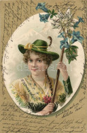 T2/T3 Hiking Lady With Flowers, Mountain, Emb. Litho (EK) - Ohne Zuordnung