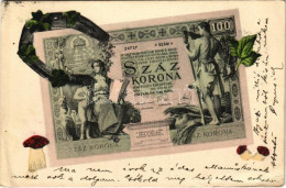 T2/T3 1905 Száz Korona Magyar Bankjegy. Szecessziós Montázs újévi Motívumokkal / Hungarian Banknote Montage With Mushroo - Ohne Zuordnung