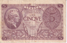 BILLETE DE ITALIA DE 5 LIRE  BIGLIETO DI STATO DEL AÑO 1944 (BANKNOTE) - Italië– 5 Lire