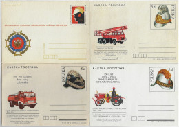 Poland 1979/1986 4 Postal Stationery Card Fire Department Firefighter Fireman Truck Helmet Prevention Service - Sapeurs-Pompiers