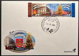 Lithuania Litauen Lituanie 2023 Christmas In Klaipeda Tramway Architecture BeePost Strip Of 2 Stamps FDC - Tramways