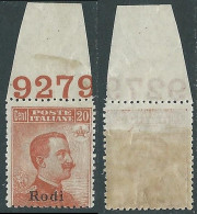 1917 EGEO RODI EFFIGIE 20 CENT NUMERO DI TAVOLA MNH ** - I29-10 - Aegean (Rodi)