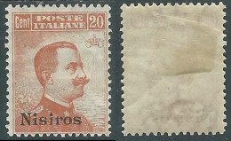 1921-22 EGEO NISIRO EFFIGIE 20 CENT MH * - I29-9 - Egée (Nisiro)