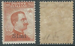 1921-22 EGEO SIMI EFFIGIE 20 CENT PIEGA DI GOMMA MH * - I29-10 - Egée (Simi)