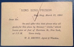 RARE ! „SING SING 1893“ Cds On PRISON Postal Stationery Card 1c  To NY (USA US Gefängnis - Lettres & Documents