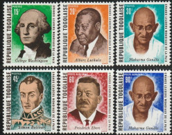 THEMATIC  FAMOUS PEOPLE:  PEACE LEADERS.  G. WASHINGTON, A.LUTHULI, MAHATMA GANDHI, S.BOLIVAR, F.EBERT  -  TOGO - Mahatma Gandhi