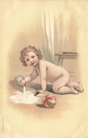 ILLUSTRATEUR NON SIGNE - Bébé Tout Nu Renversant Son Biberon - Ballon - Relief - Carte Postale Ancienne - Non Classés