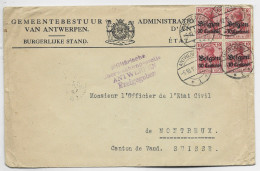 BELGIEN 10C X4 LETTRE COVER ANVERS 5.10.1916 + GRIFFE MILITARISCHE ANTWEREN TO SUISSE - Esercito Tedesco