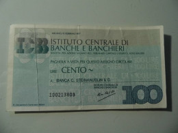 Miniassegno "ISTITUTO CENTRALE DI BANCHE E BANCHIERI LIT. 100" - [10] Assegni E Miniassegni