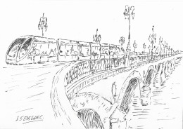 Art & Antiquités > Tableaux > Bordeaux Pont De Pierre Et Tram Dessin Encre Original De B. Le Beguec - Zeichnungen
