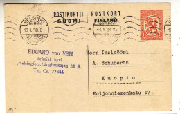 Finlande - Carte Postale De 1928 - Entier Postal - Oblit Helsinki - Exp Vers Kuopio - Valeur 5 Euros - Lettres & Documents