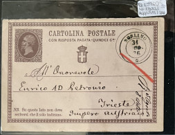 RC234 - INTERO POSTALE C2 DC SORIANO 1876 X TRIESTE Senza Francobollo Aggiunto (forse Perchè Per Onorevole?) RARO - Postwaardestukken