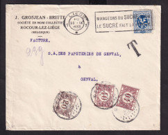 DDFF 386 -- Enveloppe TP Lion Héraldique 50 C LIEGE 1933  - Taxée 1 F à GENVAL  (2 X 40 C + 20 C) - Lettres & Documents